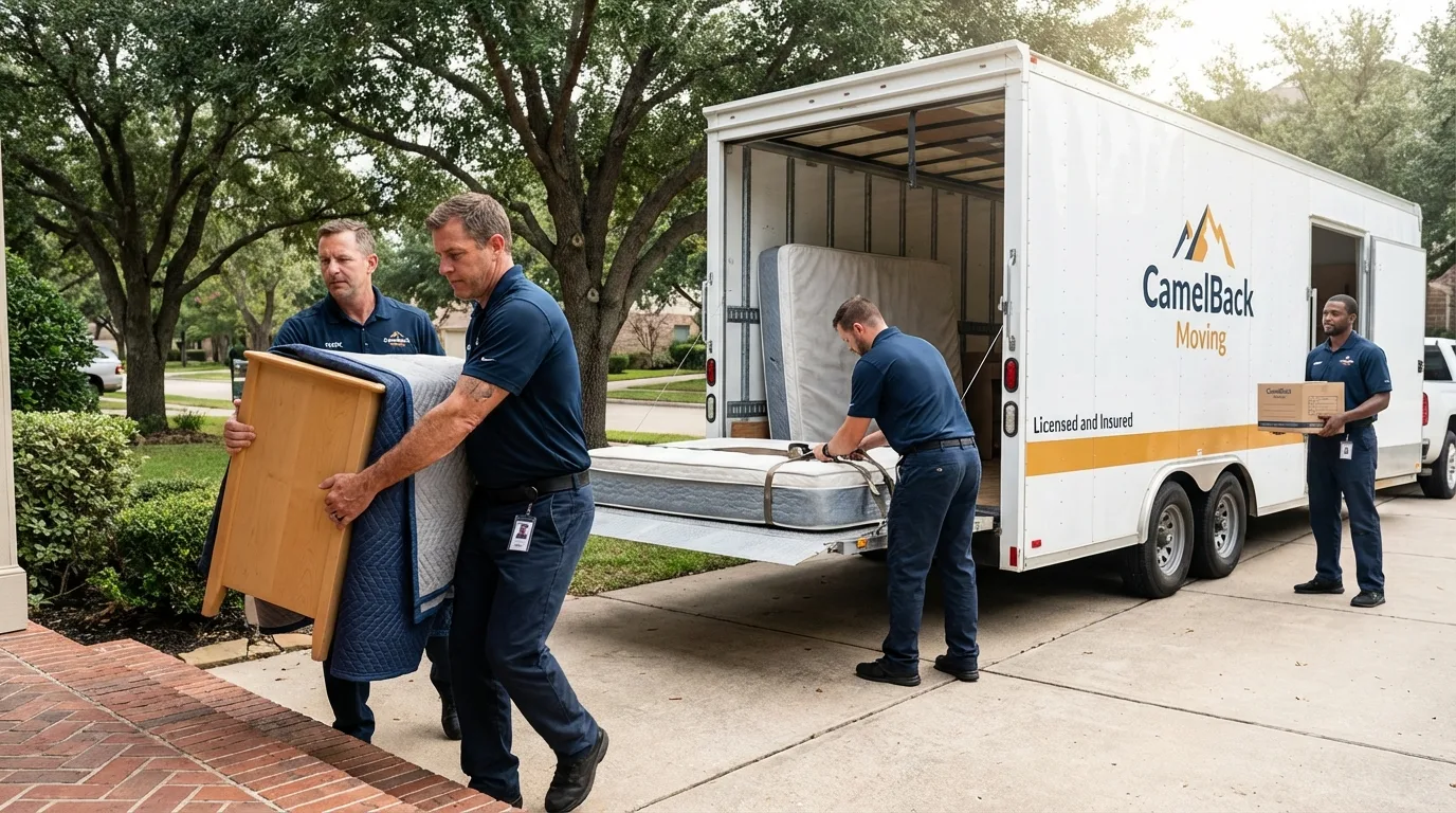 Crew loading residential truck for cross-state move from Blue Grass, IA