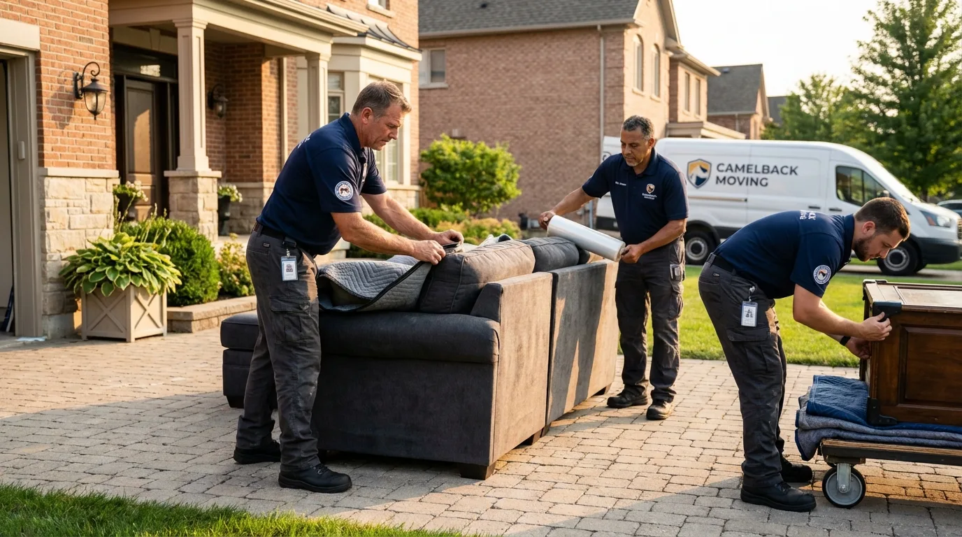 Large estate moving crew wrapping furniture in Blue Grass, IA