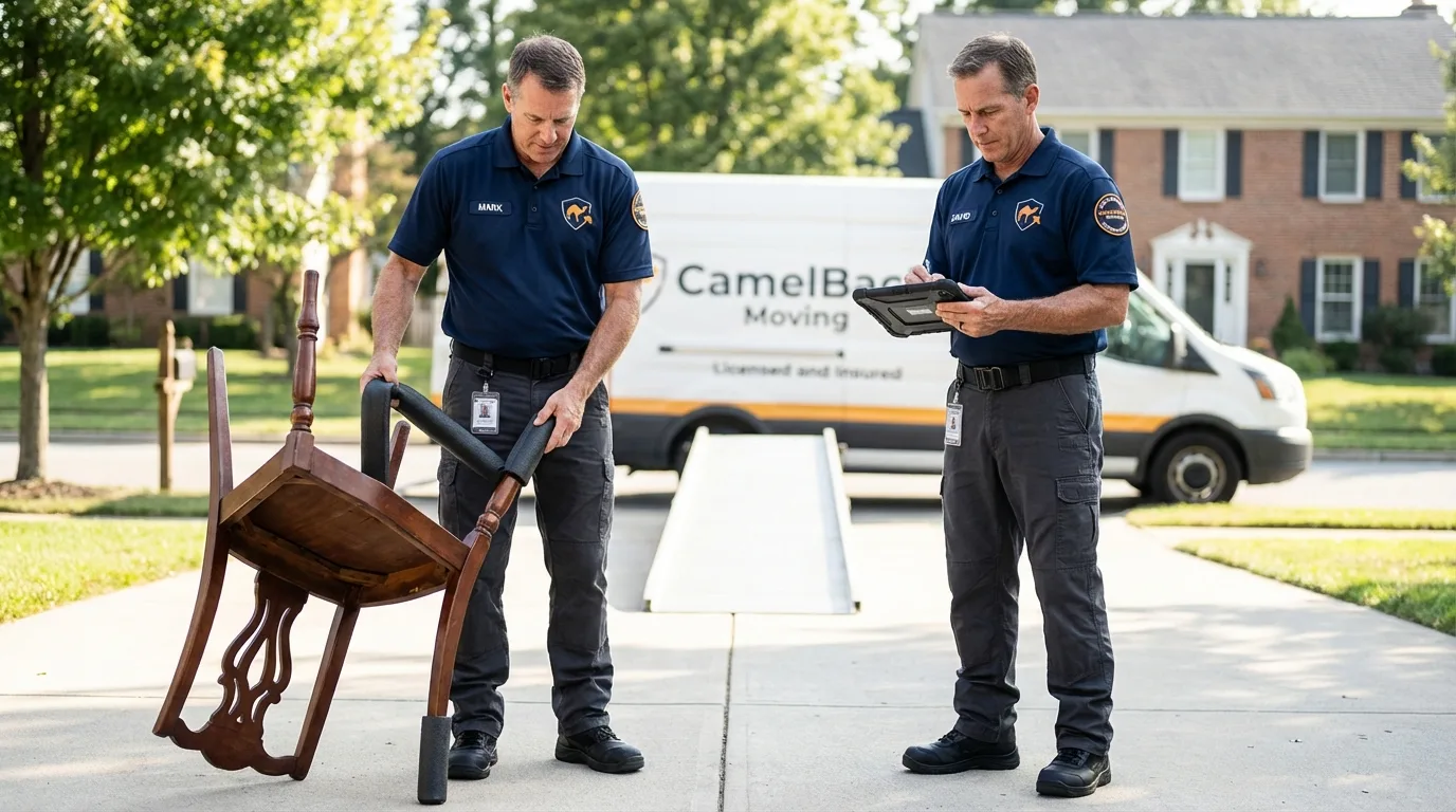Movers inspecting furniture for damage prevention before loading in Blue Grass, IA