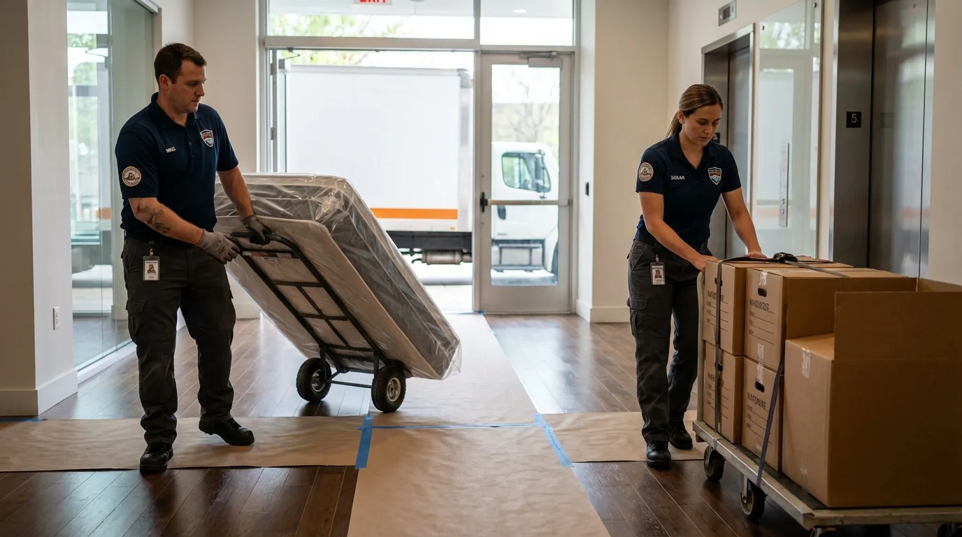Professional apartment movers loading elevator in Blue Grass, IA